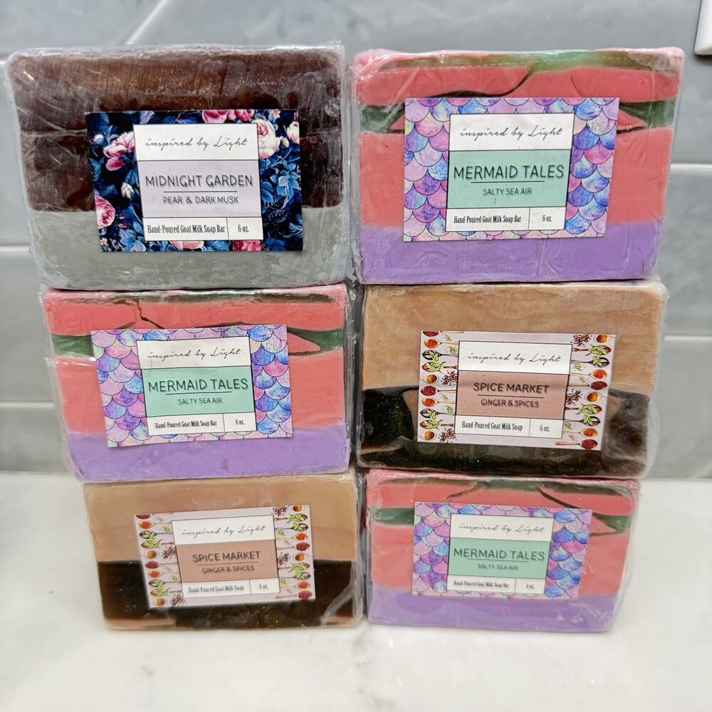 Lot of Six Goat Milk Soap Bars Handmade Mermaid tales Spice Market Pear & Musk